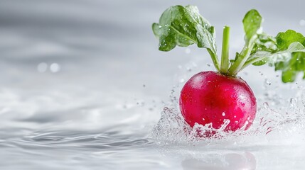 Aufkleber - Fresh red radish with green leaves splashing in clear water against a white background, ideal for culinary or health-themed designs.