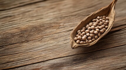 Poster - Close up of light brown grains in a natural pod on weathered wooden surface with ample negative space for text overlay and design elements