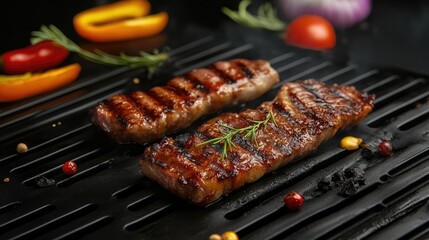 Aufkleber - Close-up of grilled meat and colorful vegetable slices on a black grill with fresh herbs and empty space for text in the background
