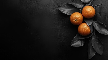 Canvas Print - Vibrant close-up of fresh tangerines with lush green leaves on dark textured background showcasing rich orange colors and ample empty copy space for text