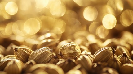 Aufkleber - Close up of golden cardamom seeds scattered across a soft golden background with blurred bokeh effect and ample empty space for text placement