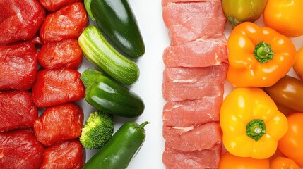 Poster - Vibrant close up composition of fresh ripe vegetables including cucumbers, peppers, and leafy greens alongside premium raw meats in contrasting colors on a white background