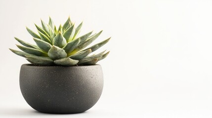 Poster - Close-Up of Green Succulent Plant in Round Gray Pot for Modern Home Decor on Soft White Background with Spacious Copy Space for Text Usage