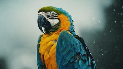 Aufkleber - Close up portrait of a vibrant blue and yellow macaw against a soft blurred background with cool tones and empty space for text use.