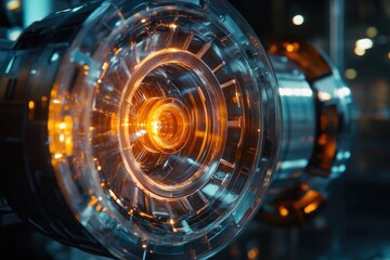 Poster - a close-up view of a machine with a light source shining through, ideal for use in industrial or tec