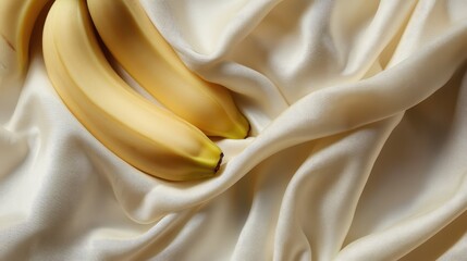 Aufkleber - Golden yellow bananas positioned on a smooth cream fabric background, featuring a soft focus and ample empty space for text or design elements.