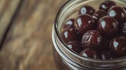Aufkleber - Golden brown roasted acai berries in a glass jar on rustic wooden background with empty space for text for healthy food concepts