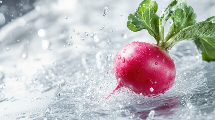 Aufkleber - Fresh red radish splashing in clear water on a reflective surface with vibrant green leaves and bright white background featuring ample copy space.