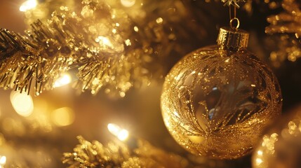 Aufkleber - Macro shot of shimmering gold Christmas ornaments on an evergreen tree adorned with festive golden garland and warm glimmering lights, featuring blank space for text.