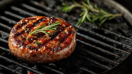 Poster - Grilled pork sausage with rosemary on a hot barbecue grill, close-up view highlighting the charred texture and smoky glaze, empty banner for text.