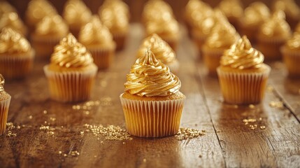 Aufkleber - Golden Decorated Cupcakes Arranged on Rustic Wooden Table with Glittery Accents and Empty Copy Space for Text Ideal for Celebration Themes