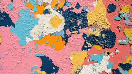 Aufkleber - Vibrant close up of a textured graffiti wall featuring a palette of pink, blue, yellow, and navy tones with ample empty space for text overlay.