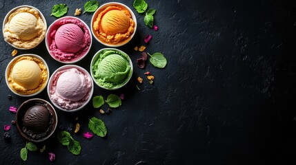 Aufkleber - Colorful creamy ice cream scoops in assorted flavors arranged in bowls with fresh mint leaves and vibrant petals on a dark stone background