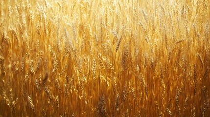 Poster - Close-up of golden wheat field illuminated by sunlight with texture detail and ample copy space for text in warm golden hues.