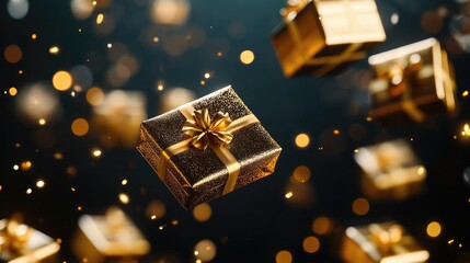 Poster - Floating golden gift boxes in a minimal dark background with sparkling bokeh lights for festive holidays, wide panorama, inviting empty space for text.