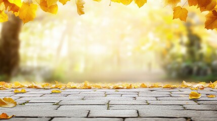 Aufkleber - Blurred yellow autumn leaves on brick pavement with shallow depth of field and soft focus background creating a warm golden atmosphere and ample negative space.