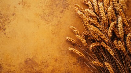 Poster - Golden Millet Stalks on Rustic Yellow Background with Copy Space for Text in Top Left Corner for Agricultural and Culinary Concepts