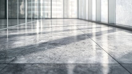 Aufkleber - Close-up view of polished grey granite stone floor with large glass wall and soft shadow reflections in modern interior space, ideal for text overlay