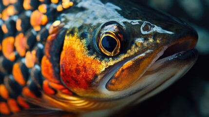 Aufkleber - Vibrant Close-Up of a Brook Trout's Colorful Scales in Rich Orange and Green Hues Against a Soft Blurred Background for Text Overlay