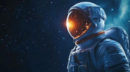 Aufkleber - Close up of an astronaut in a colorful space portrait with a glowing helmet against a starry night sky and aurora borealis, featuring space for text.