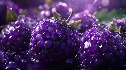 Poster - Fresh juicy blackberries with water droplets in rich purple color against a blurred purple background with negative space for text.