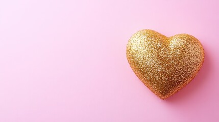 Poster - Golden Glitter Heart on Soft Pink Background for Valentine's Day Postcard Design with Copy Space for Text in Top Right Corner