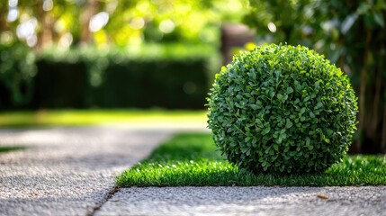 Poster - Close up view of a vibrant green puff plant in a sunlit garden setting featuring soft blurred background with space for text.