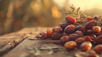 Canvas Print - Close Up of Freshly Harvested Organic Dates on Rustic Wooden Table with Warm Golden Background and Soft Light Ideal for Text Overlay