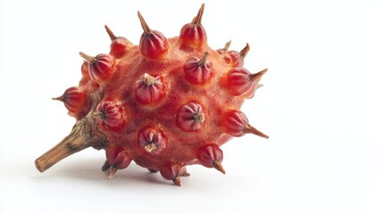 Aufkleber - Close-up of a vibrant red castor bean pod with spiky features on a clean white background perfect for botanical illustrations or educational use