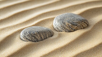 Aufkleber - Desert landscape featuring textured golden sands with two smooth gray stones nestled in the foreground and ample empty copy space for text.