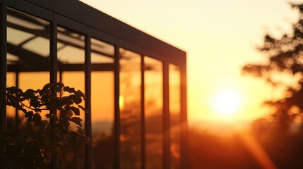 Aufkleber - Silhouette of modern glass house reflecting golden sunset light with vibrant colors and empty space for text in serene outdoors landscape.