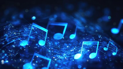 Glowing blue musical notes on a dark background with soft bokeh effects, ideal for music-related projects and creative text placements.