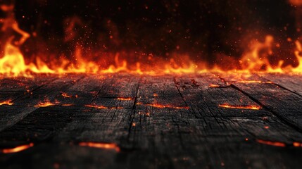 Wall Mural - glowing charcoal flames emitting bright orange sparks against dark background over textured wooden s