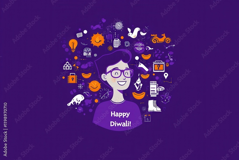 A joyful character surrounded by colorful symbols of Diwali, including lamps, sweets, and festive elements. The design conveys the spirit of togetherness and happiness during the festival.