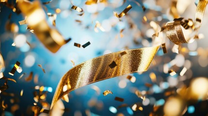 Poster - Golden ribbon intertwining with sparkling confetti on a vibrant blue festive background with bokeh effect ideal for holiday decoration and text placement.