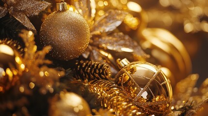 Aufkleber - Glittering golden Christmas ornaments delicately arranged on a festive tree with shimmering garland in a warm, inviting holiday ambiance.