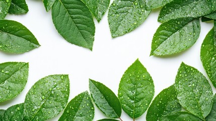 Aufkleber - Close up of vibrant green leaves with water droplets arranged in a circular pattern on a bright white background with ample empty space for text