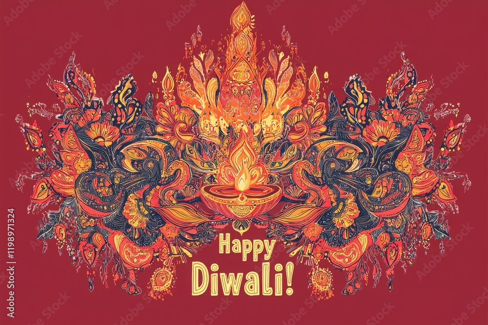 Colorful artwork celebrating Diwali features intricate patterns, flames, and flowers, creating a joyful atmosphere. This vibrant display captures the essence of the festival of lights.