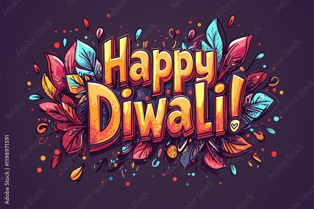 A vibrant and colorful design celebrating Diwali features the words Happy Diwali surrounded by decorative leaves and bright elements, creating a joyful atmosphere for the festival.