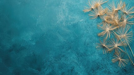 Poster - Golden dandelion seeds delicately arranged on a textured teal blue background creating a serene and elegant composition with ample copy space.