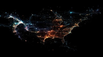 Poster - Digital map of North America, showcasing the interconnectedness of the continent through glowing lines and dots, representing communication, technology, and global connections.