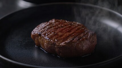 Poster - Grilled steak on a black plate with steam details for luxury dining restaurant food concept dark color background with empty copy space for text