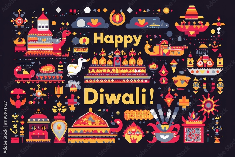 A vibrant collage celebrating Diwali features traditional symbols, decorative elements, and the greeting Happy Diwali. The artistic arrangement highlights cultural significance and festive spirit.