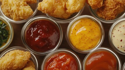 Poster - Golden Fried Chicken Nuggets with Assorted Spicy Dipping Sauces in Clear Glass Bowls on Wooden Background with Empty Space for Text