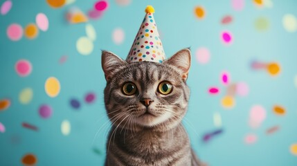 Poster - Playful Scottish Fold cat adorned in a festive party hat with colorful confetti against a bright blue background, featuring ample copy space for text.