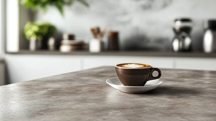 Poster - Double Espresso Cup on Gray Countertop Surrounded by Greenery and Kitchen Items in Soft Focus with Space for Text and Warm Tones
