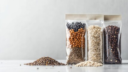 Poster - Close up of assorted grains and beans in transparent packaging with earthy tones on a light gray background and empty copy space for text