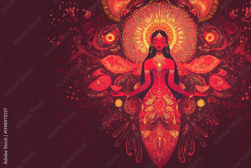 A vibrant goddess figure is adorned with jewels and a detailed floral backdrop. Rich reds and golds dominate the composition, showcasing intricate designs and cultural symbolism.