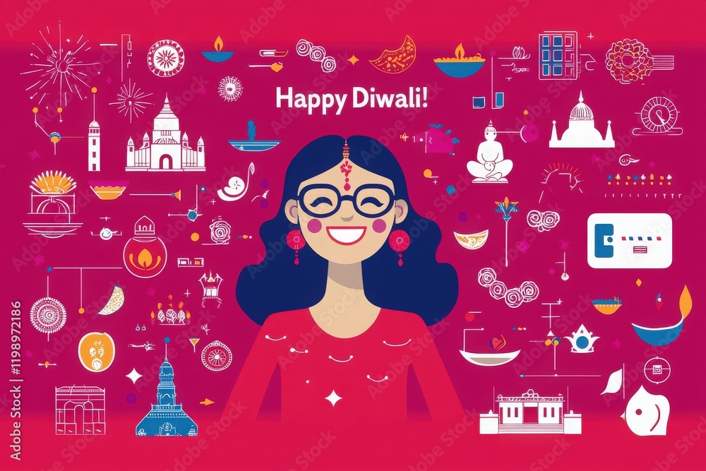 A cheerful woman in traditional attire beams with happiness amidst colorful Diwali decorations. The atmosphere is lively, featuring lamps and festive symbols that represent the joyous festival.
