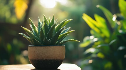 Aufkleber - Close up of a vibrant green succulent plant in a textured pot, softly illuminated by warm sunlight in a lush garden setting, ideal for nature-themed designs.